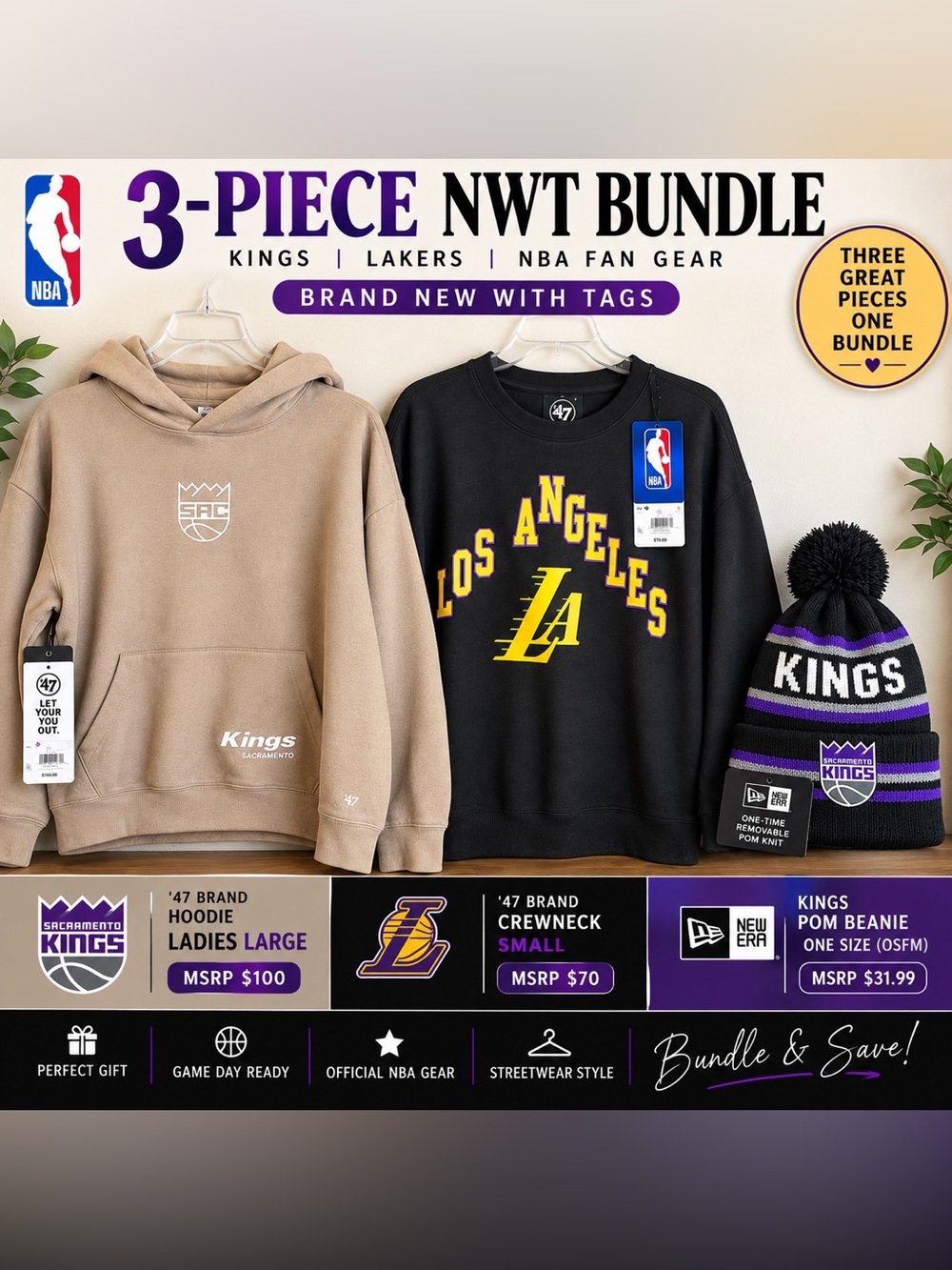 NWT NBA 3pc Bundle Kings Hoodie L Lakers Crewneck S + New Era Beanie